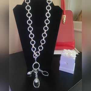 Simulated PearlCable ChainNecklace 24in with Charm in Silver-tone and Rose Gold